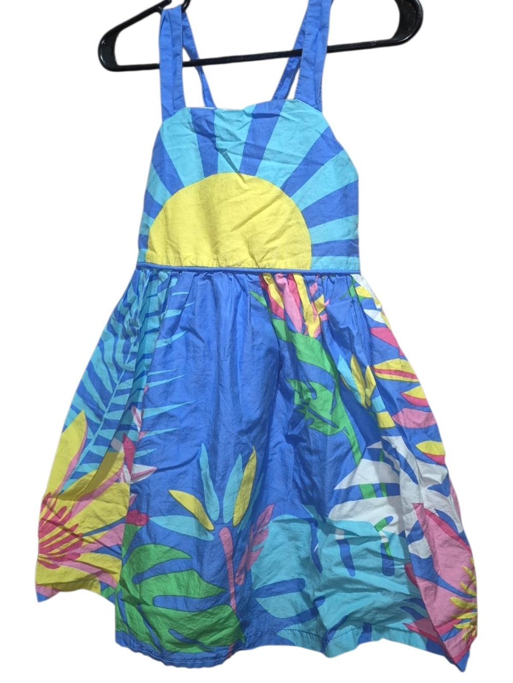 Blue Tropical Sun Kids Dress with Yellow Accent